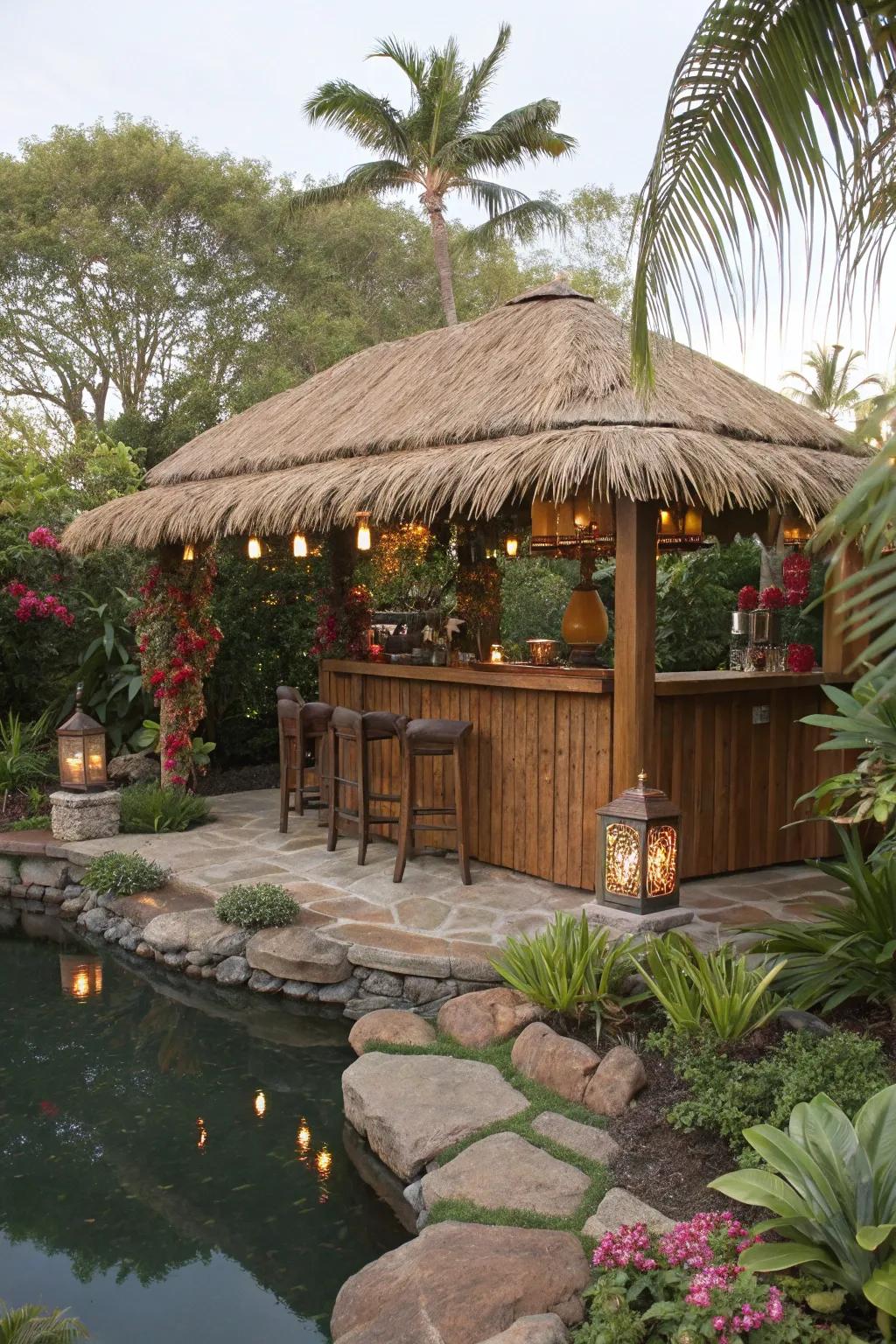 A quintessential thatched roof endows your tiki bar with an honest tropical sensation.