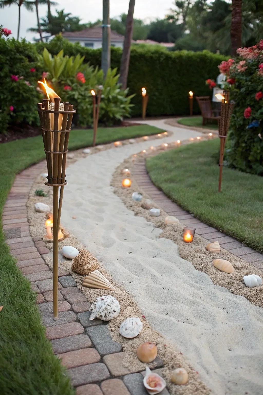 Construct a beach-themed pathway using flame poles and seashells.