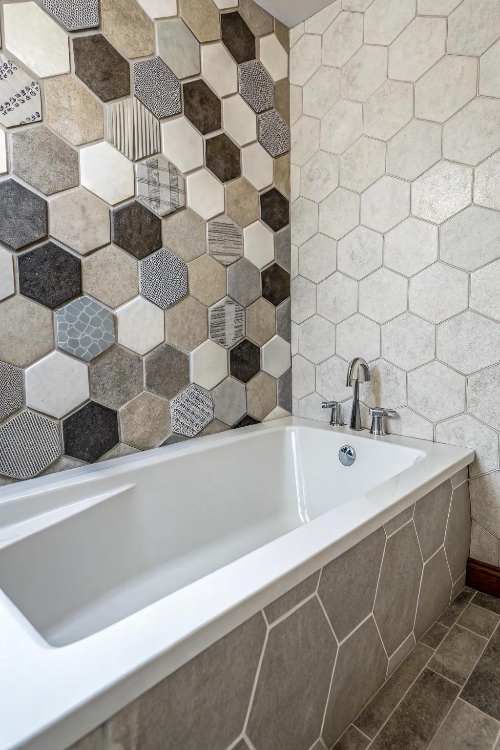 Hexagonal tiles bring a contemporary geometric accent to your bathtub space.