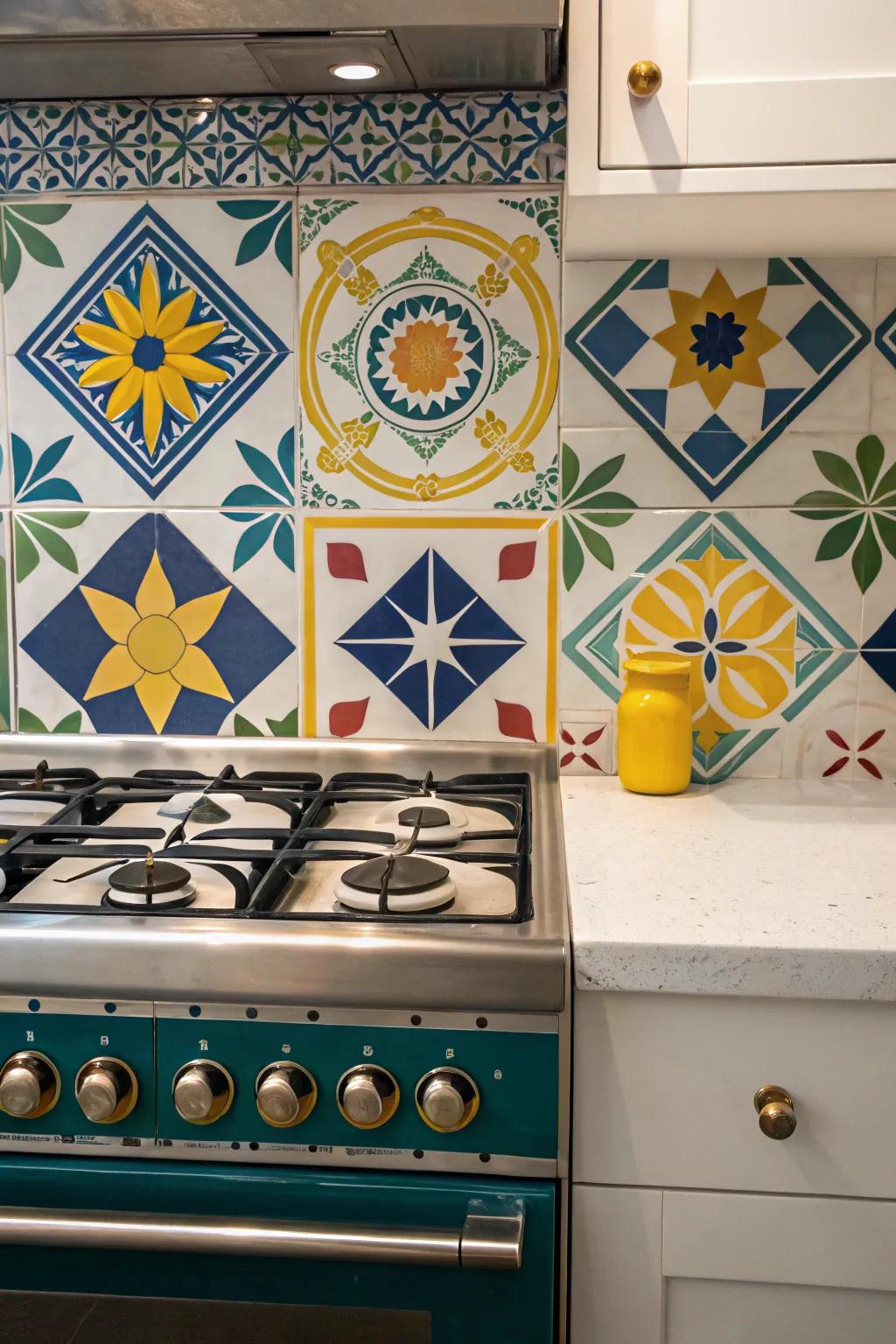 Dramatic geometric designs create a focal point behind the stove.