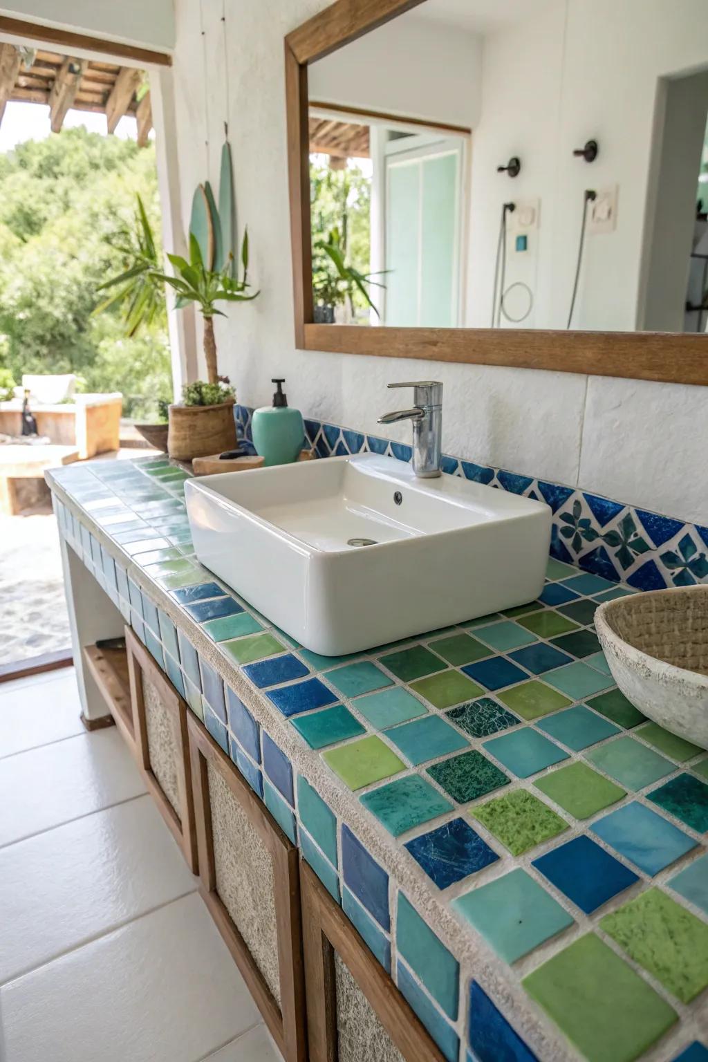 A lively burst of color using vibrant blue and green tiles.