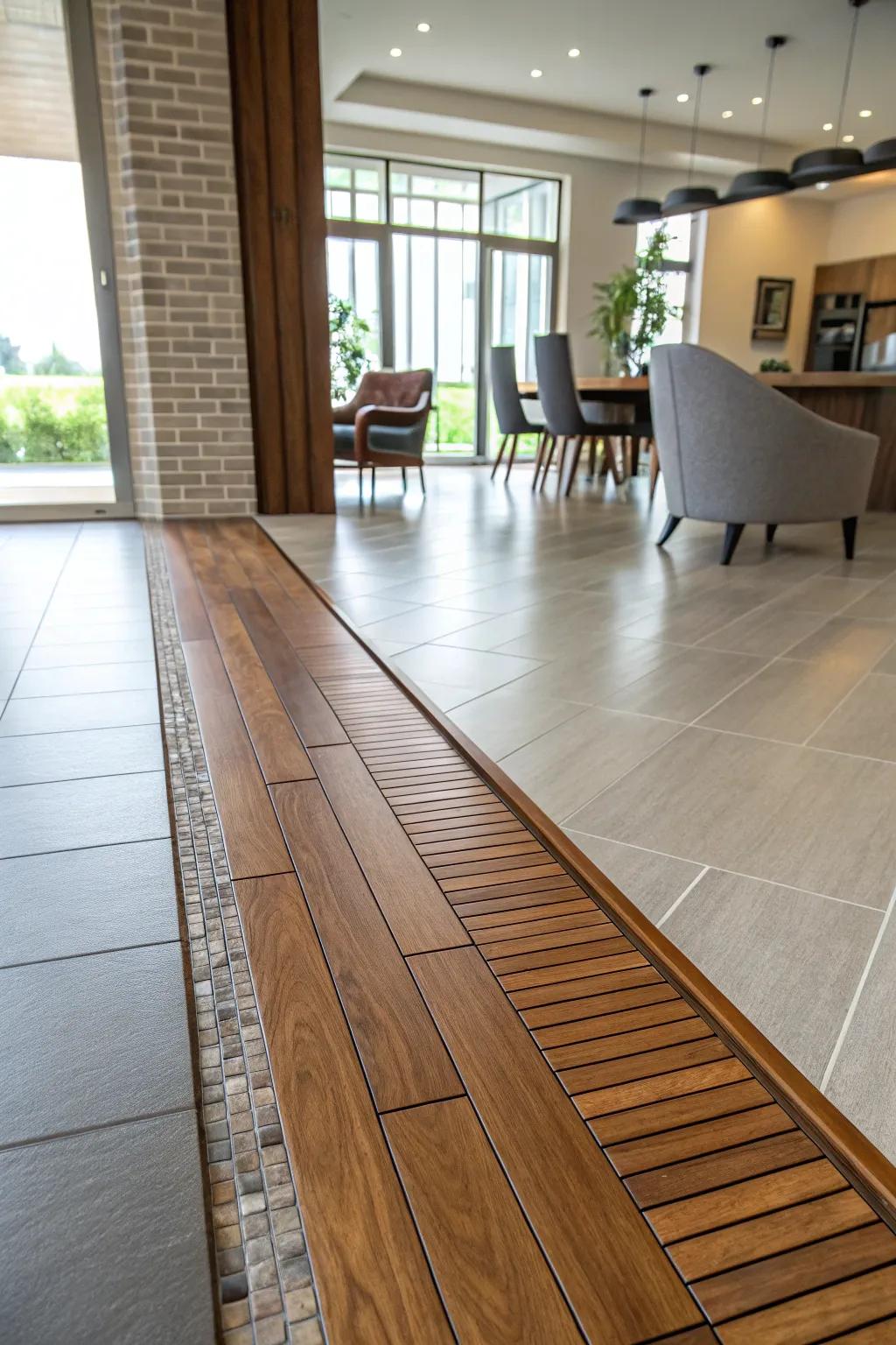 A timber connecting strip flawlessly joins stoneware and hardwood floors.