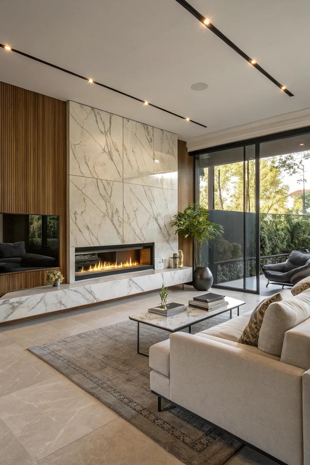 Polished stone tiles establish a contemporary visual anchor in this chic living space.