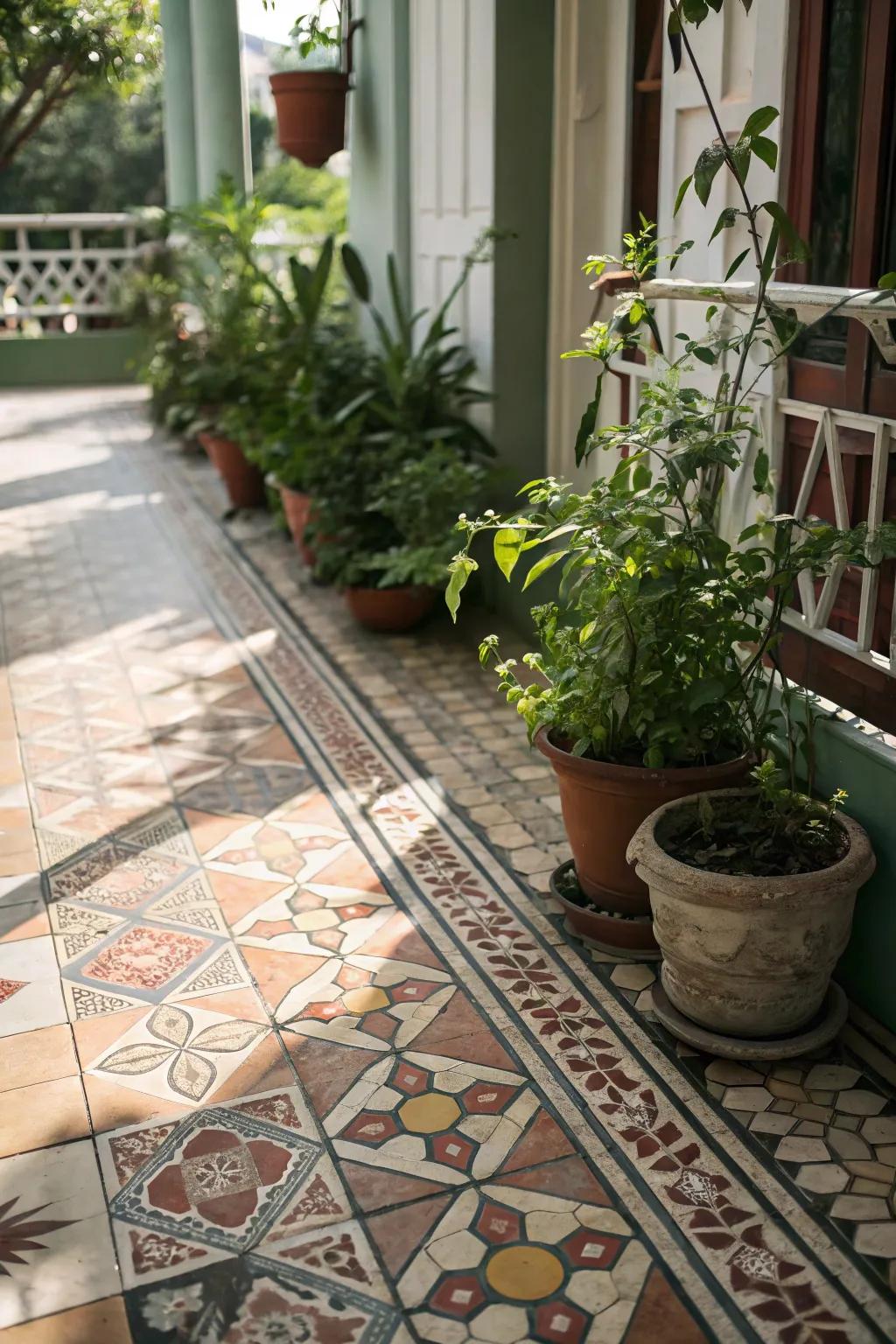 Vintage patterned tiles bring a nostalgic touch to this cozy porch.