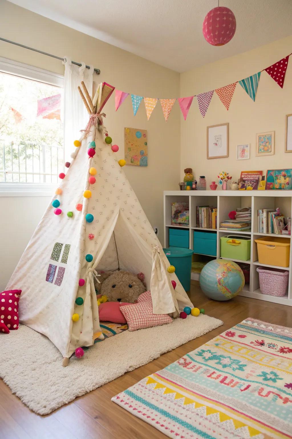 A colorful teepee provides a cozy hideaway for imaginative play.