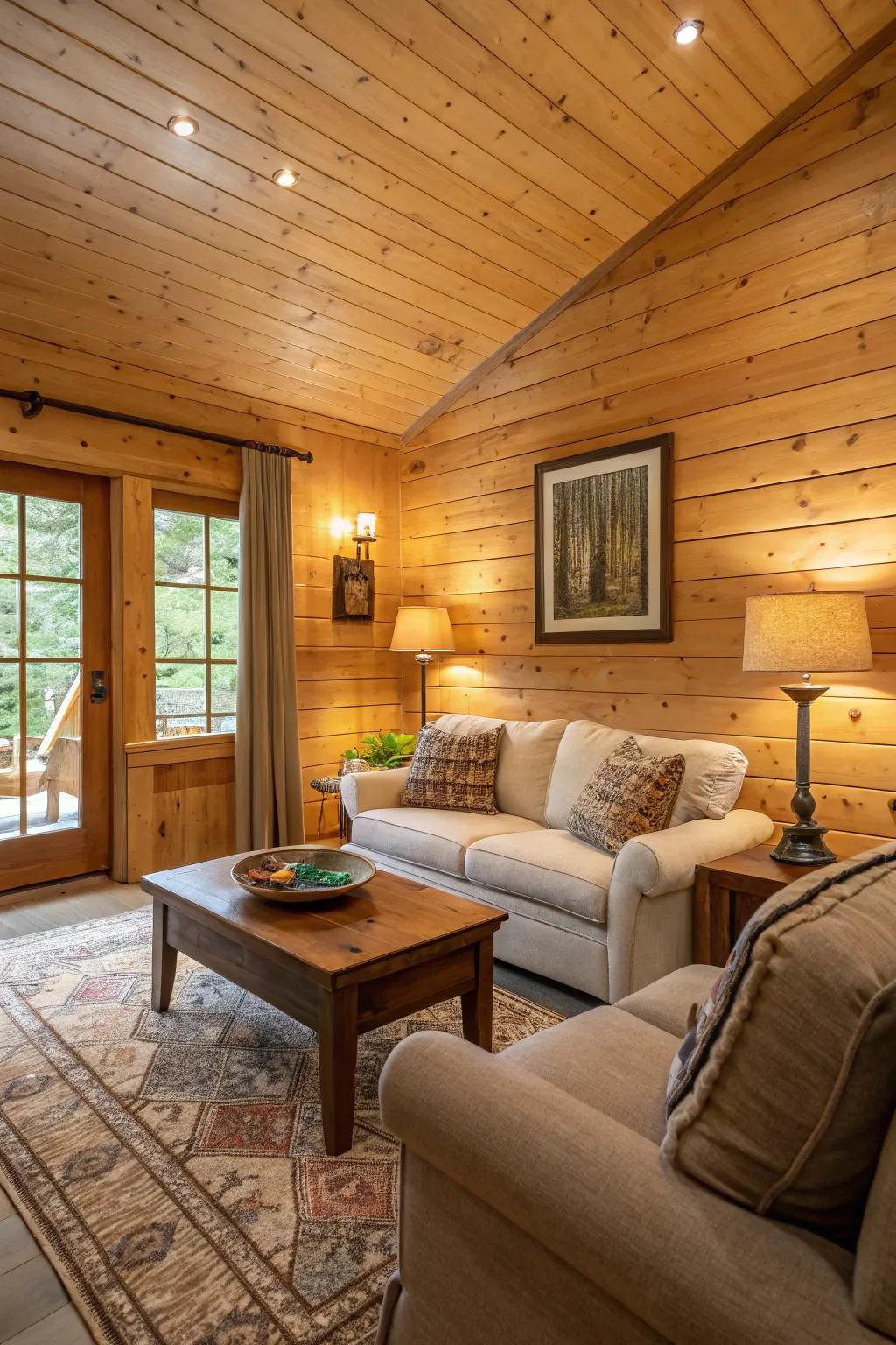 A living room showcasing the beauty of natural wood tongue and groove walls.