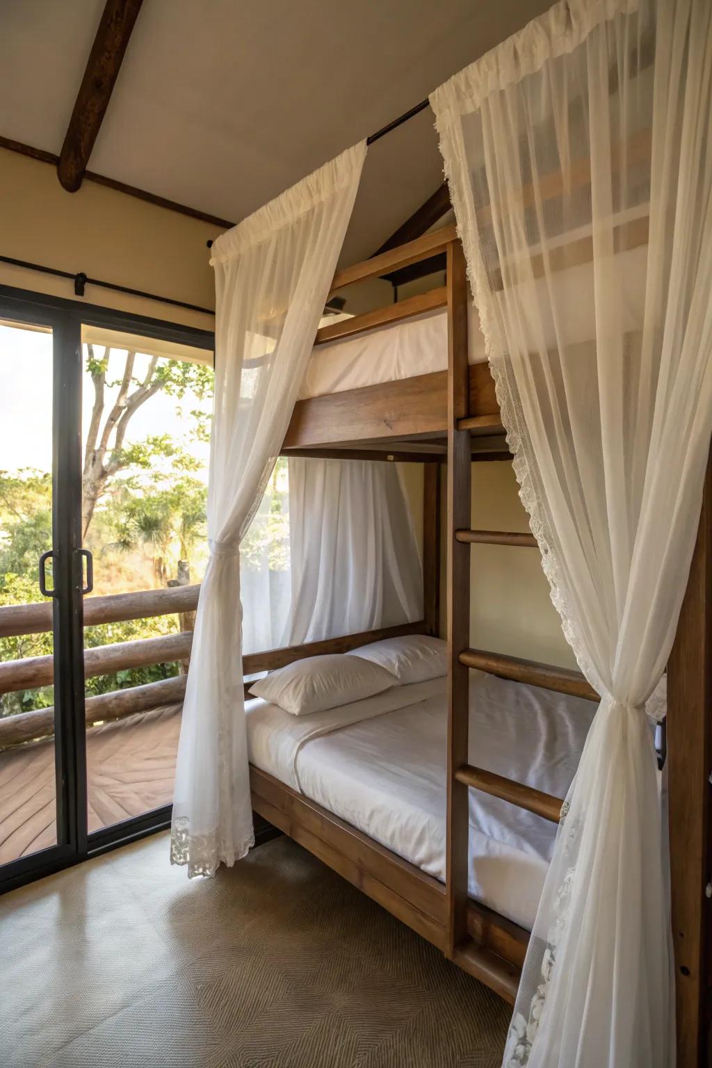 Transparent drapes add a touch of class and seclusion to the top bunk.