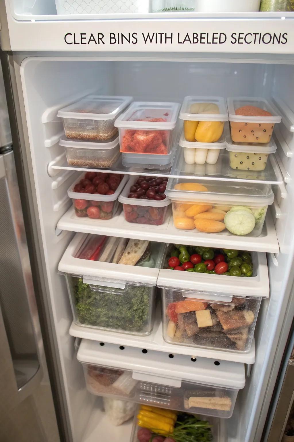 Transparent bins with sections clearly labeled, systematically arrange various food items within a top freezer.
