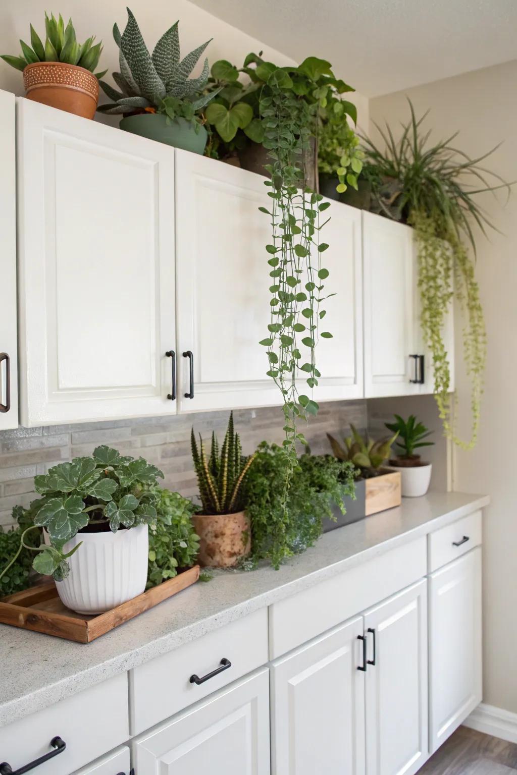 Refresh your kitchen with abundant greenery atop your cabinets.
