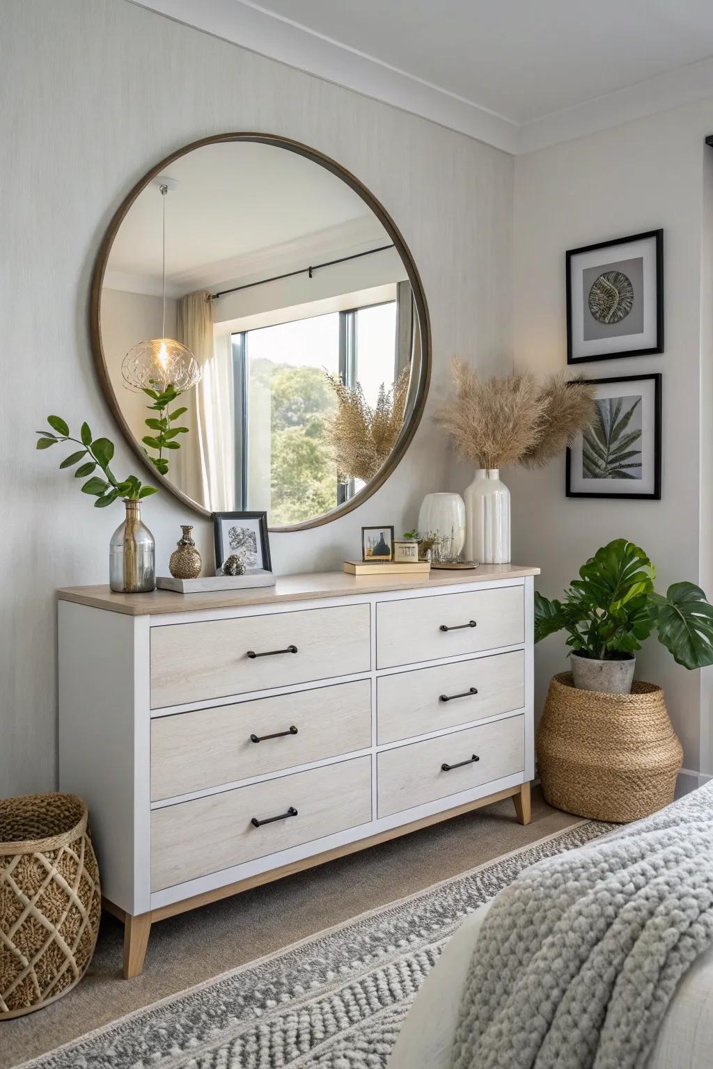 A circular mirror brings depth and sophistication to a dresser arrangement.