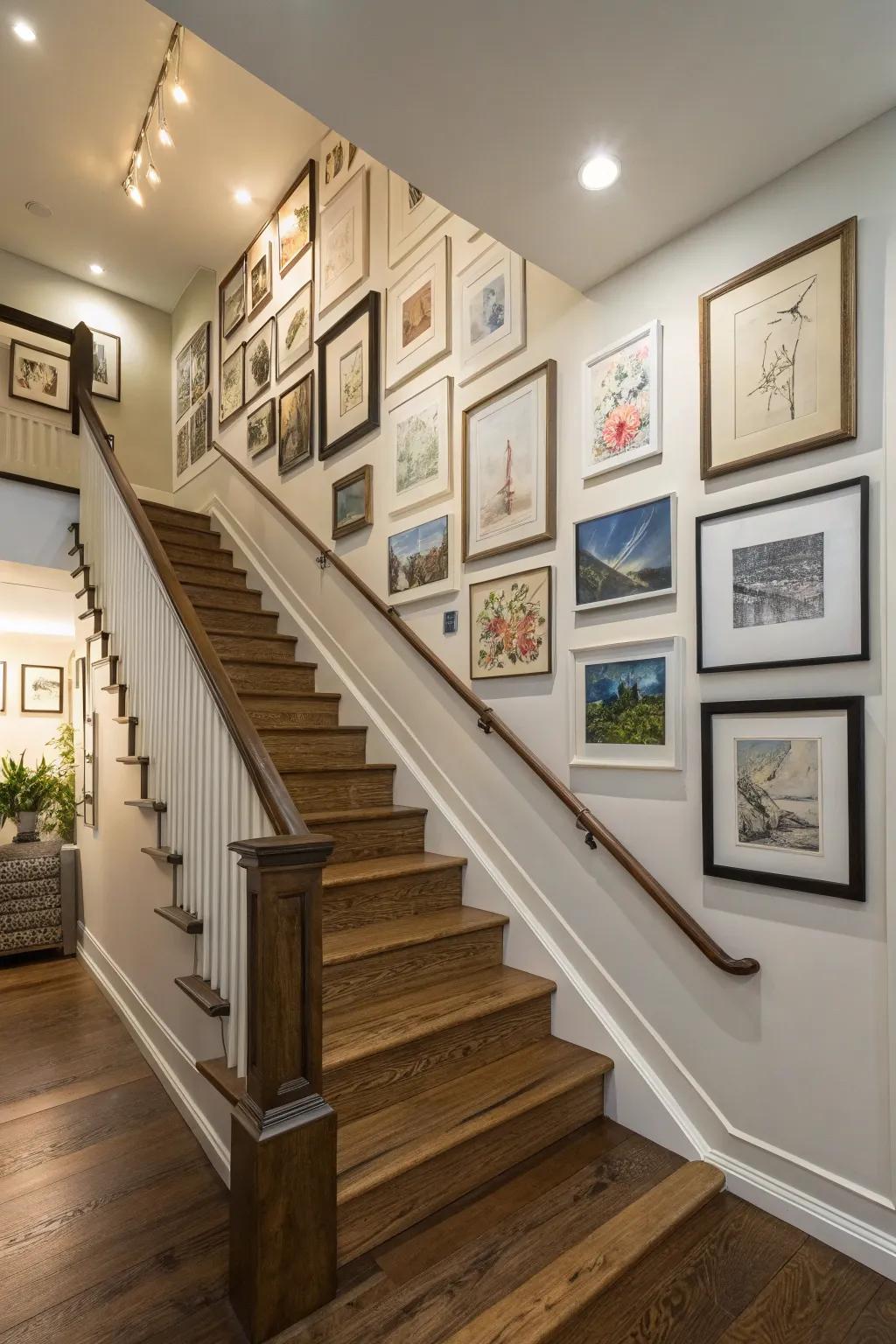 A gallery wall infuses personality into the top of your stairs.