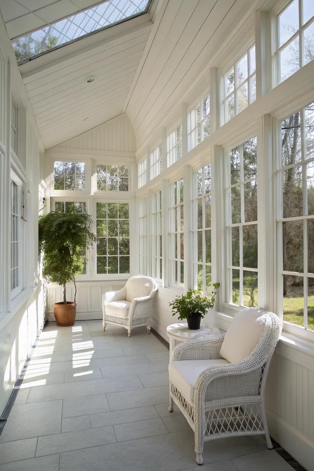 A sunroom adorned in classic white, maximizing natural light to craft a pristine, airy ambiance.