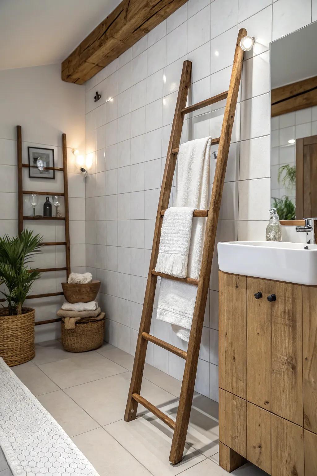 An inclined ladder stand presents a chic method for displaying towels while amplifying countryside appeal.