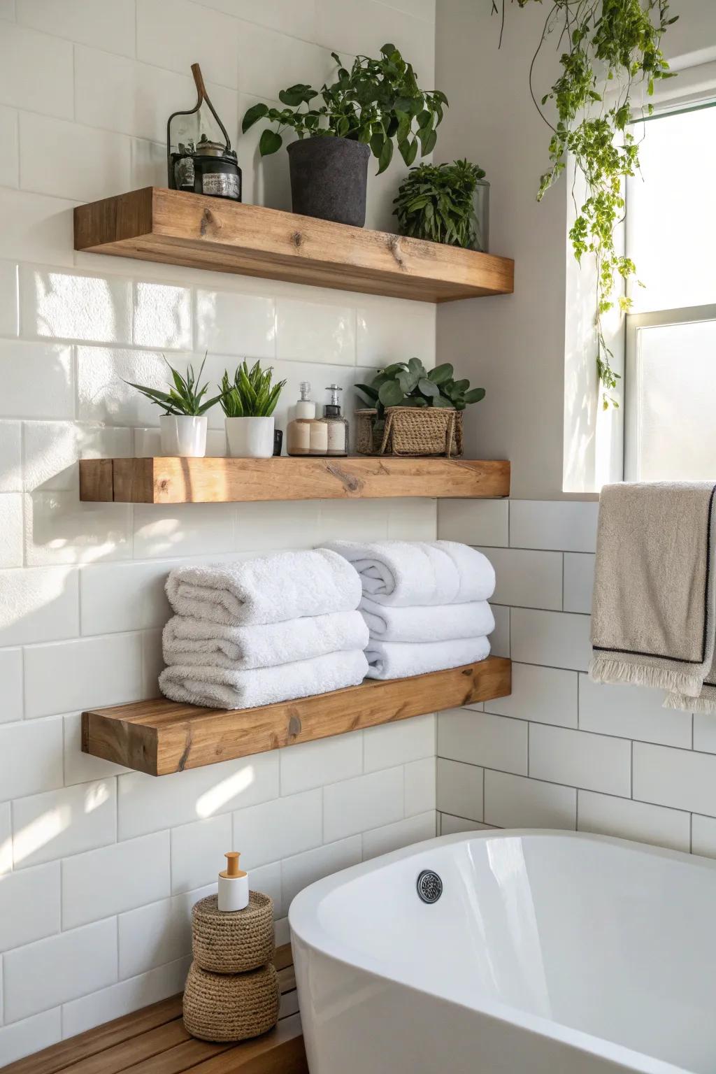 Floating shelves bring sophistication and expand storage.