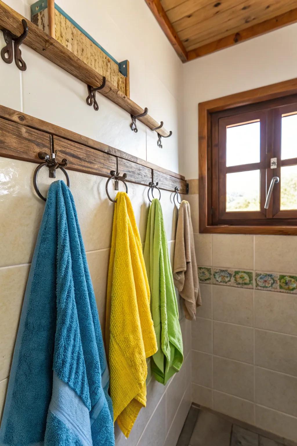 Wall-mounted hooks present an elegant and effective towel arrangement.