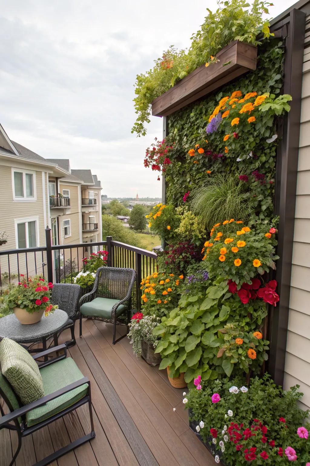 A vertical garden transforms any deck wall into a lively piece of art.
