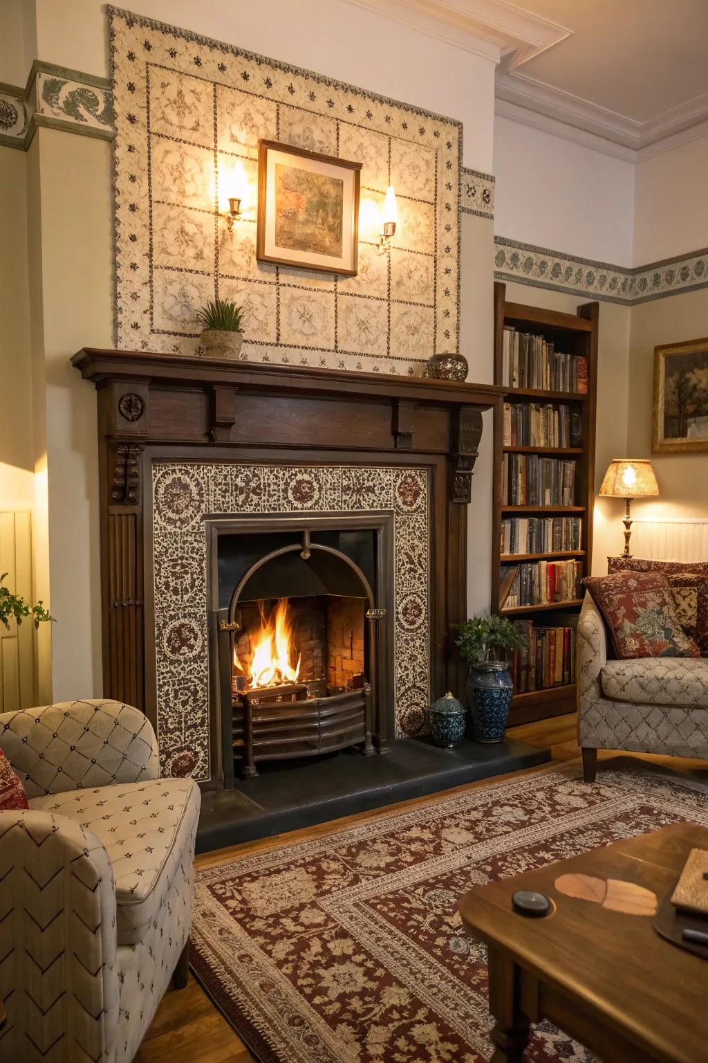 A traditional fireplace enhanced with elegant Victorian tiles.