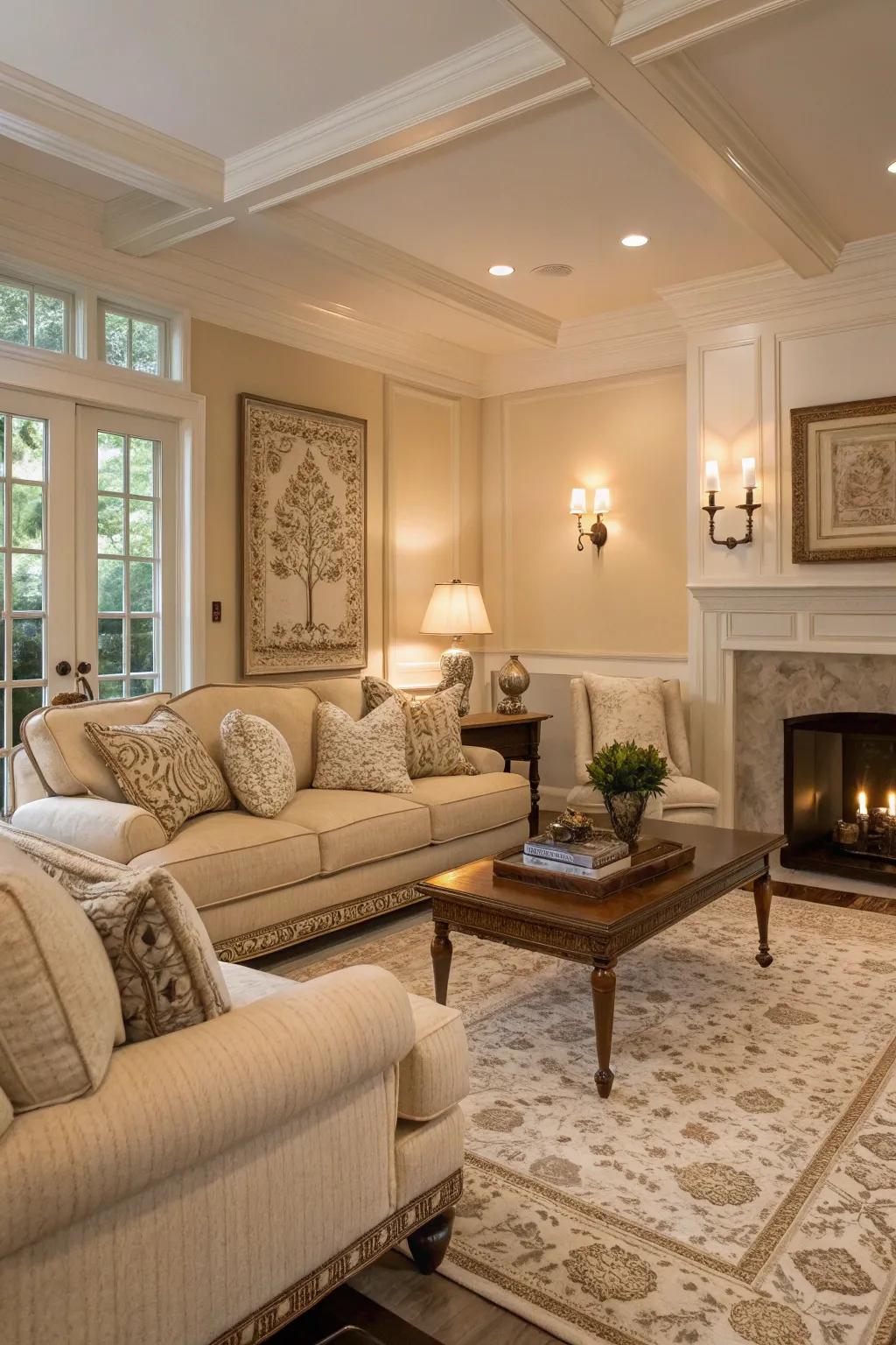 A peaceful classic living room with a neutral color story.