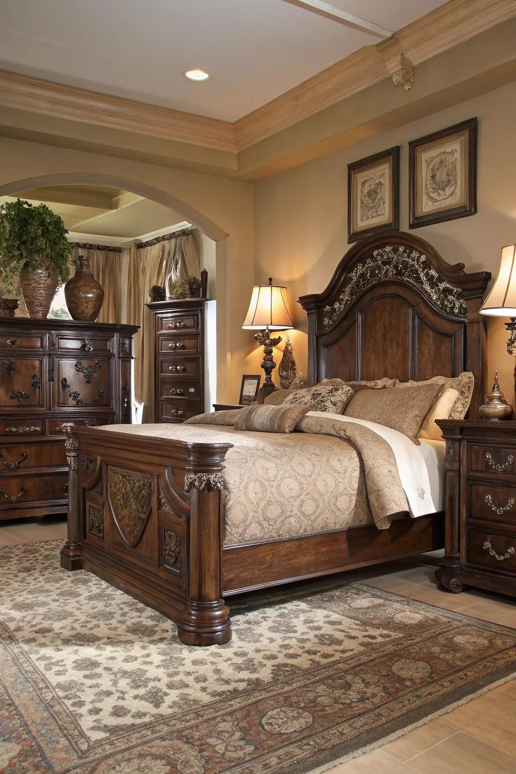 Deep-toned timber furnishings add refinement and coziness to your bedroom.
