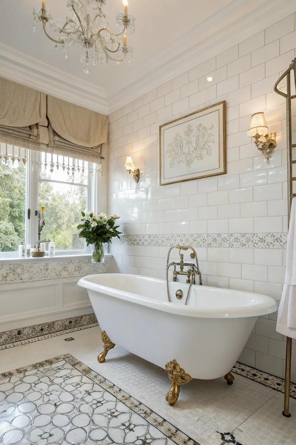 A chic white bathroom showcasing a detached clawfoot tub as its central feature.