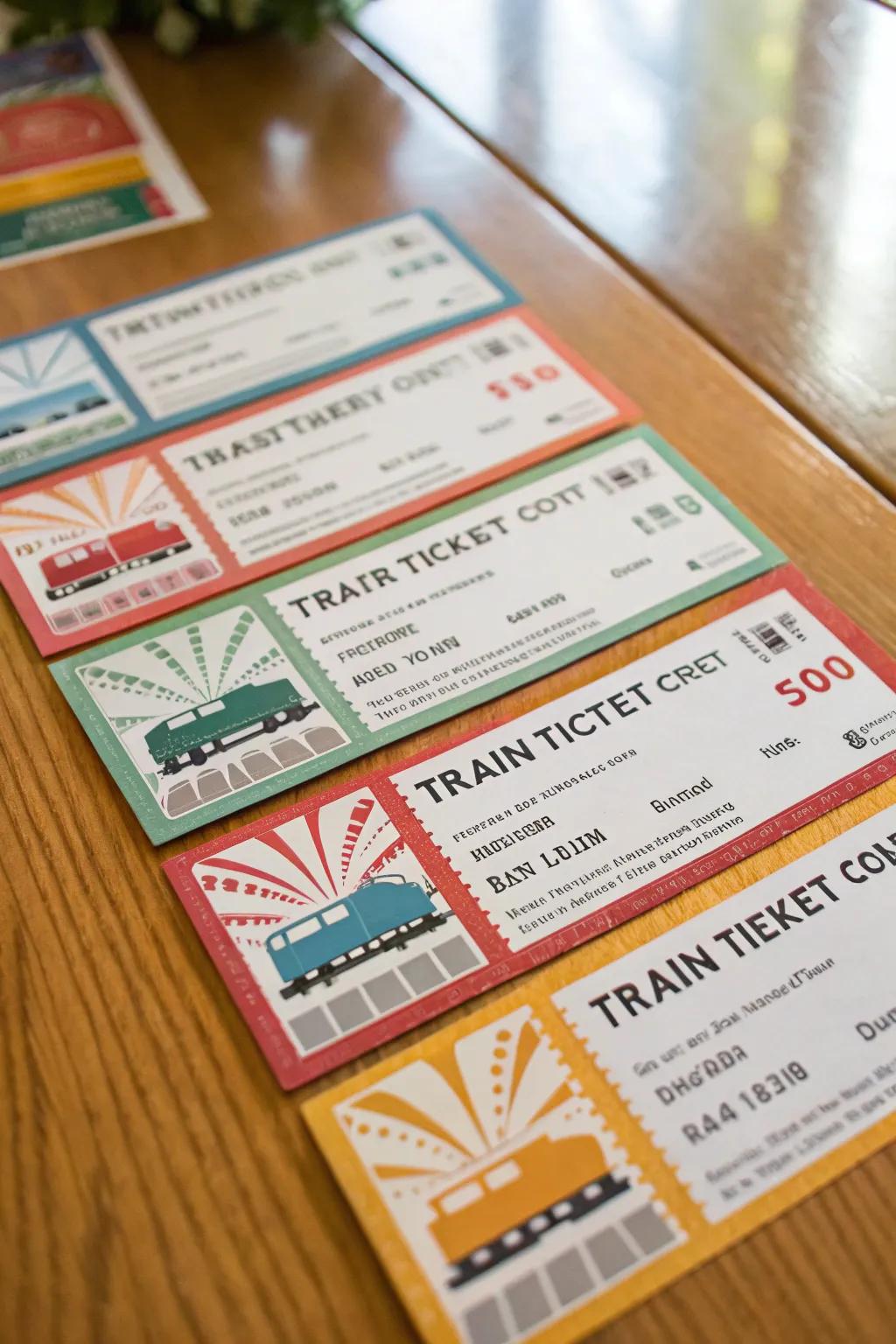 Delightful train ticket invites set the stage for the party theme.