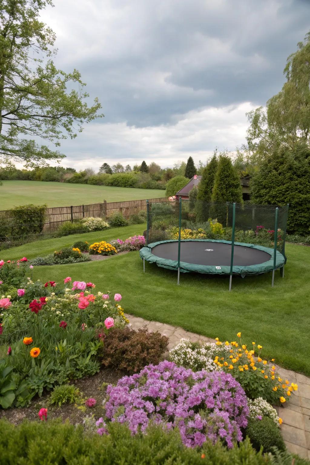 An in-ground bounce bed that fits perfectly into the garden setting.