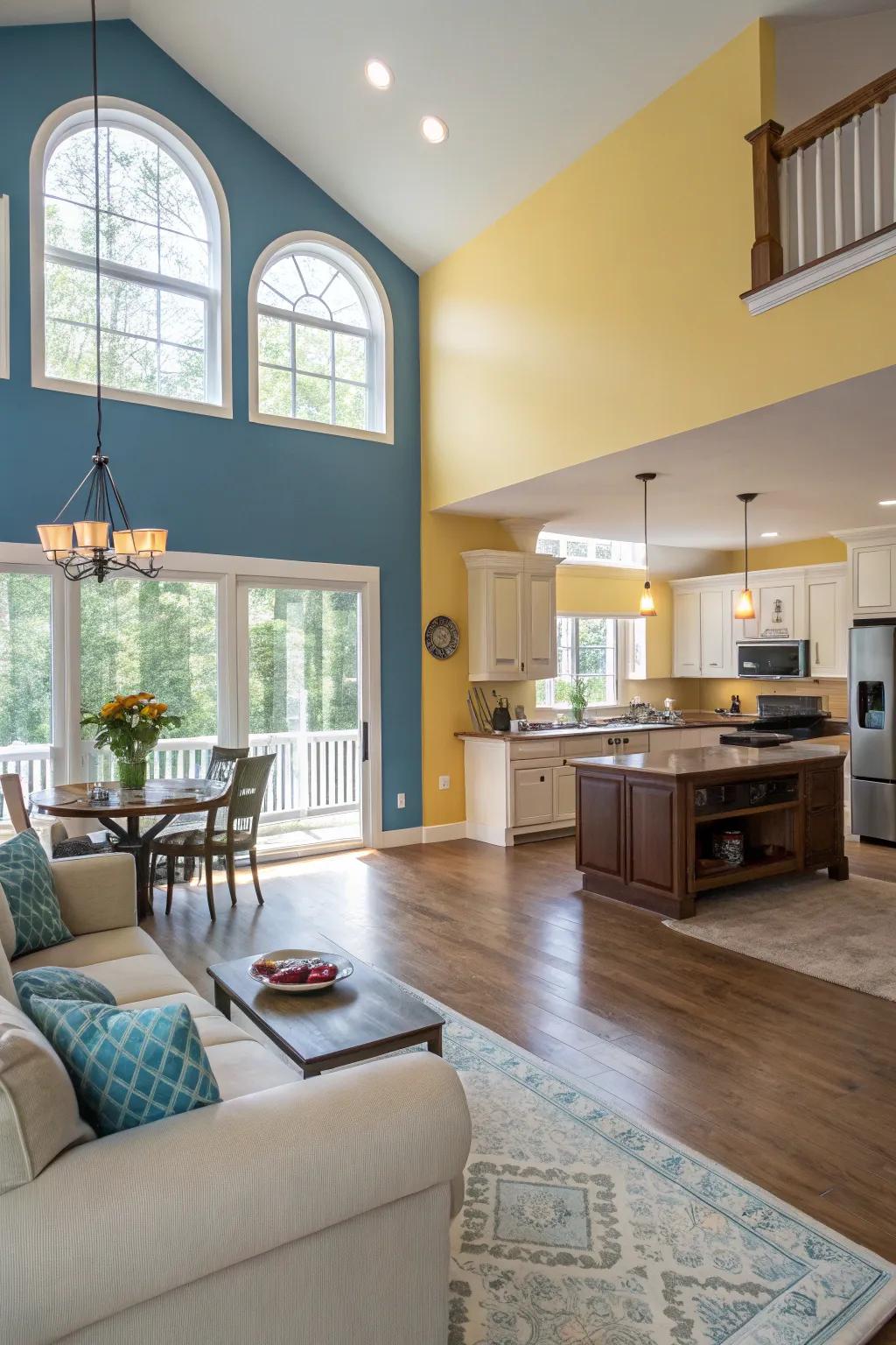 Complementary colors smoothly connect the kitchen and living room.