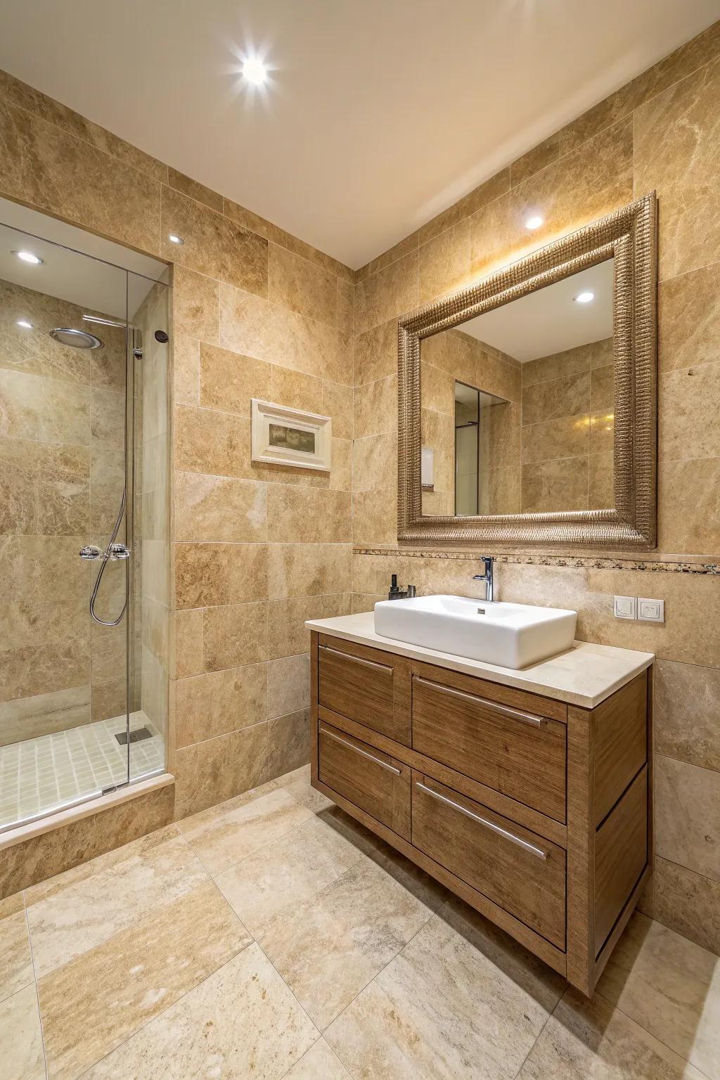 A bathroom designed with travertine tiles across all surfaces for a seamless and luxurious ambiance.