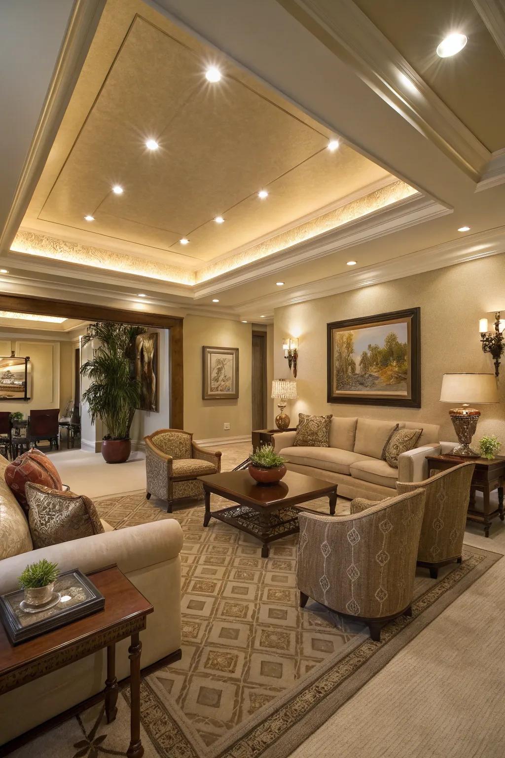 An elegant living room with a tray ceiling featuring recessed lighting.