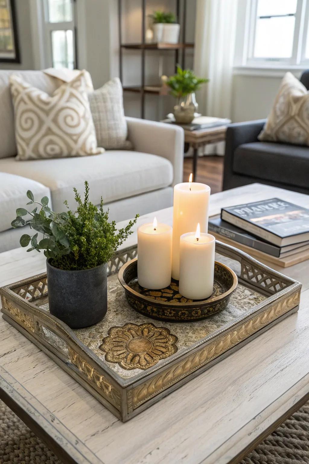 A modern living room featuring a stylish coffee table centerpiece.