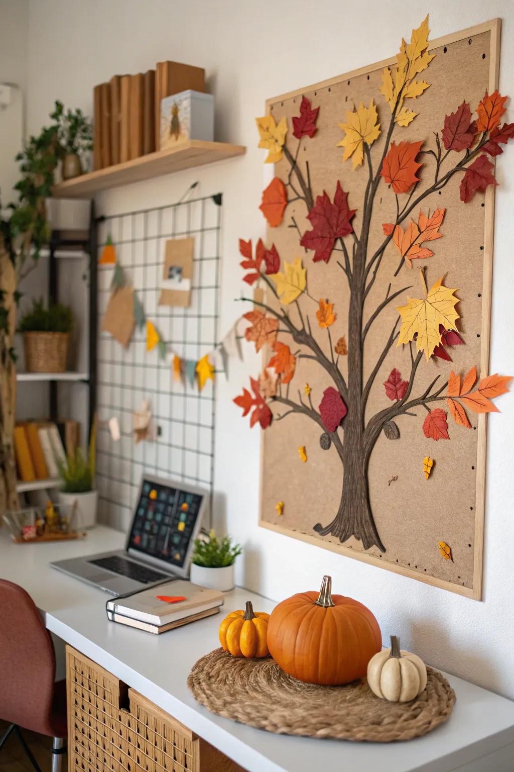A fall-inspired tree bulletin board adorned with colorful leaves and pumpkins.