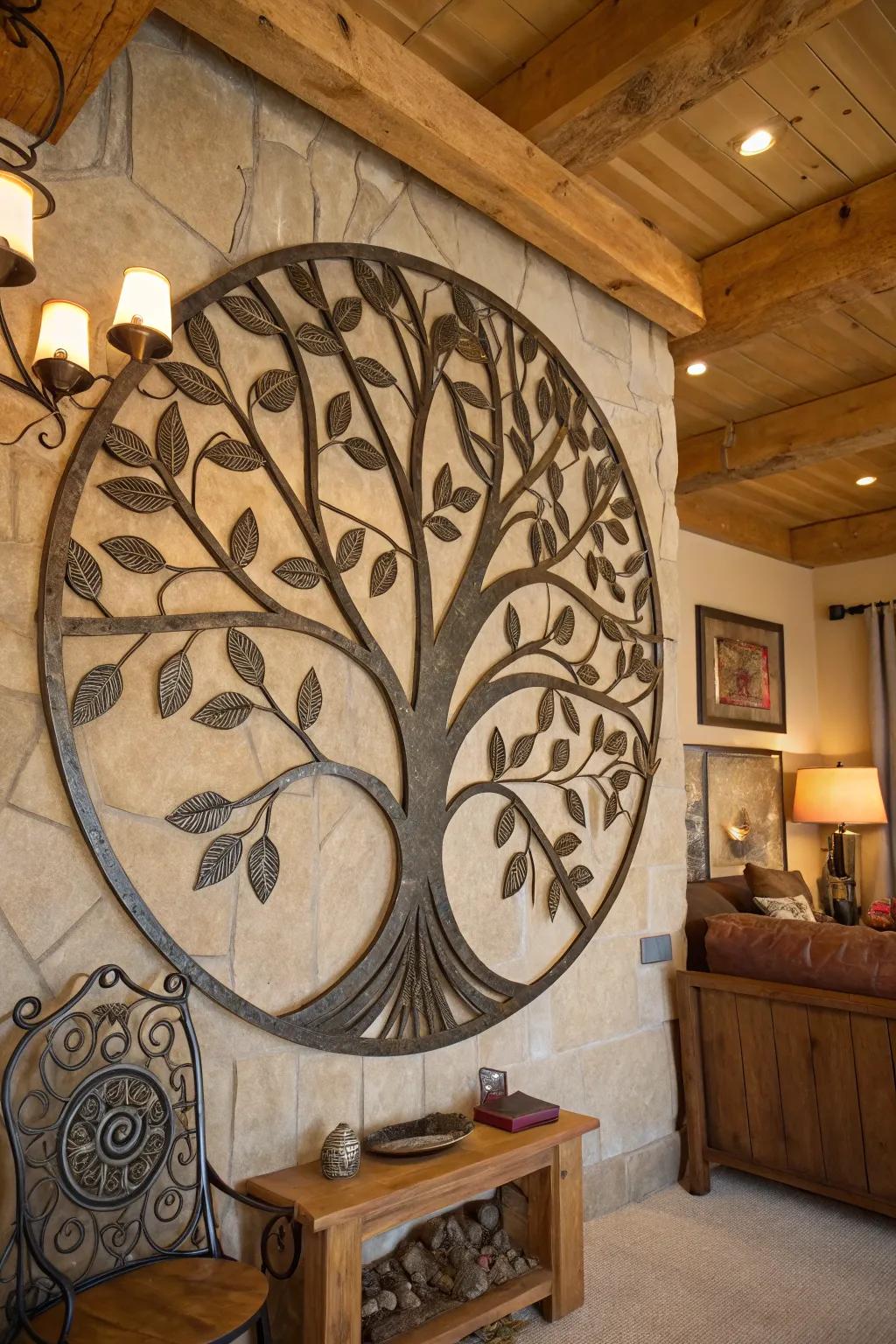 A detailed metal Arbor Vitae wall art graces a rustic living room.