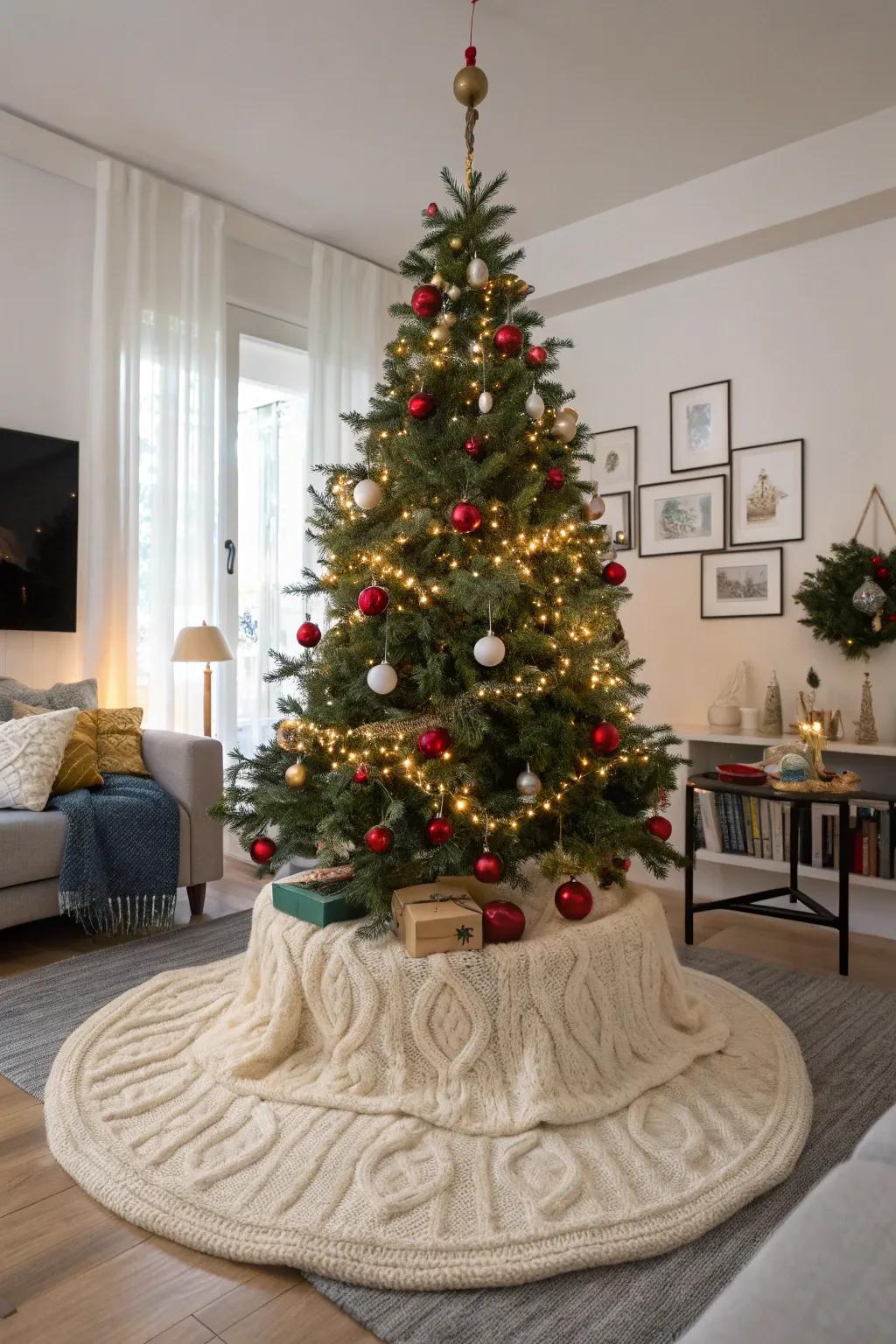 A knitted tree skirt provides a snug, hand-crafted touch to your decorations.