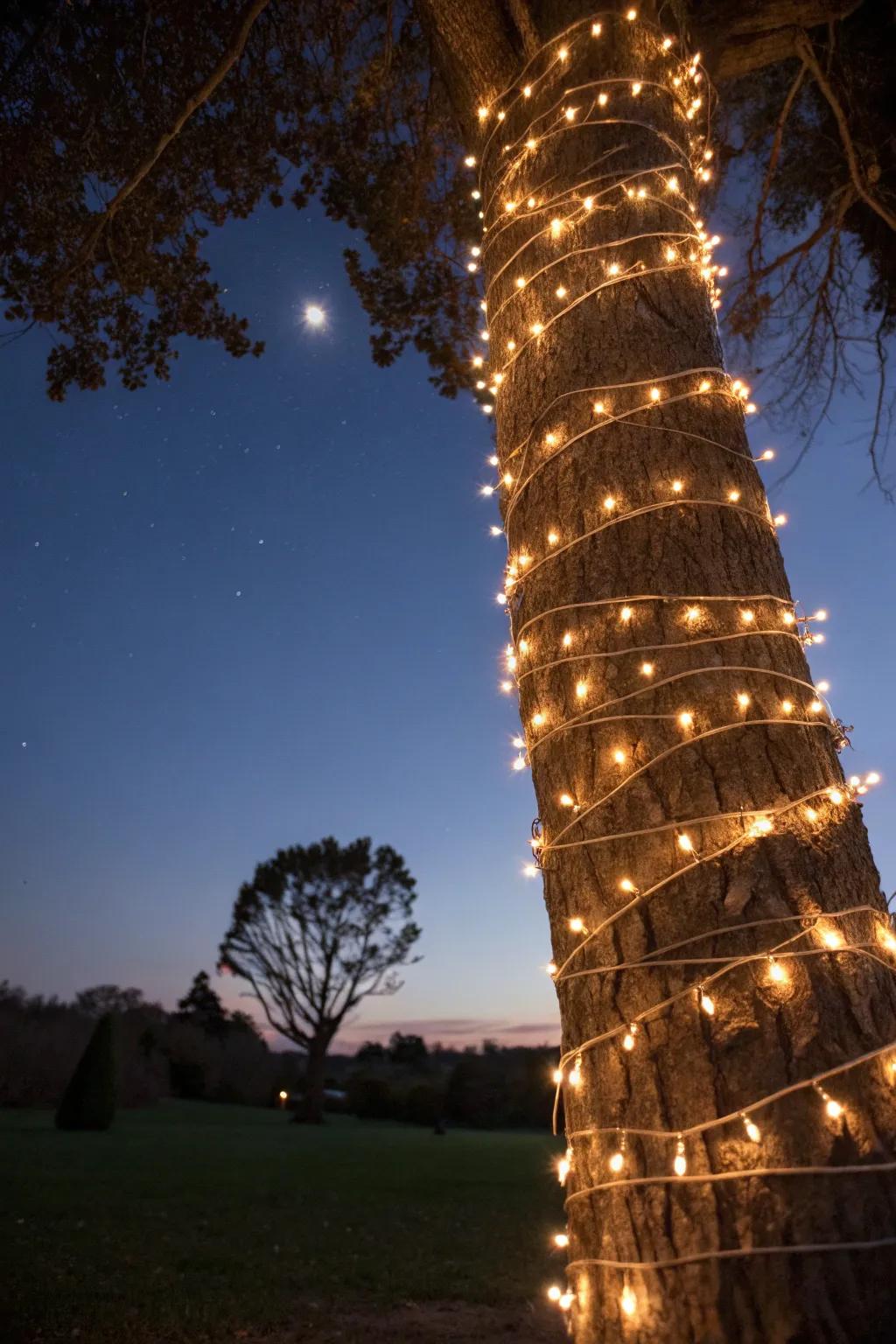String lights lovingly wrapped around a tree trunk weave a tapestry of enchantment.