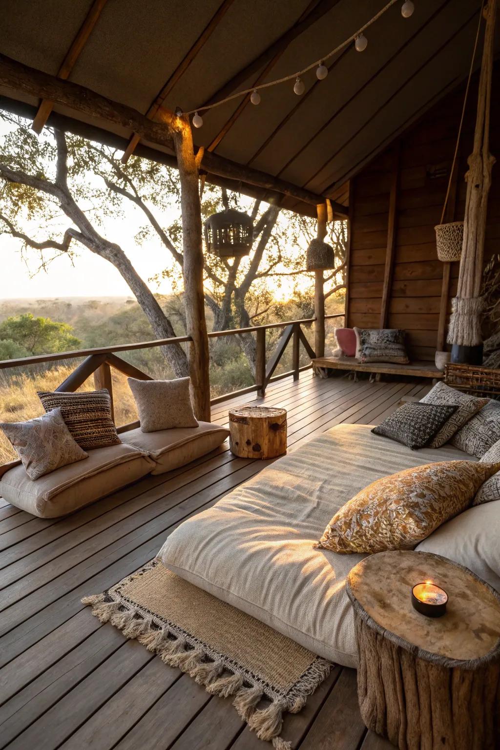A snug seating area nestled inside a treehouse, showcasing plush cushions and lively pillows tailored for maximum relaxation.