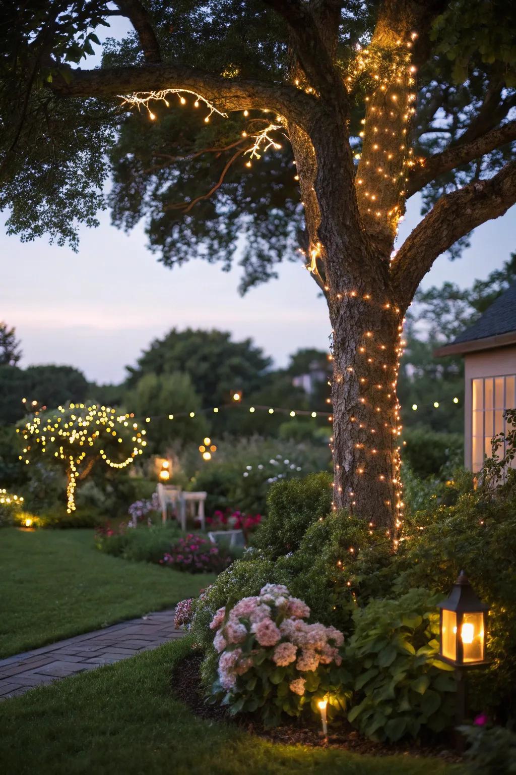 A tree embellished with fairy lights, crafting a magical garden escape.