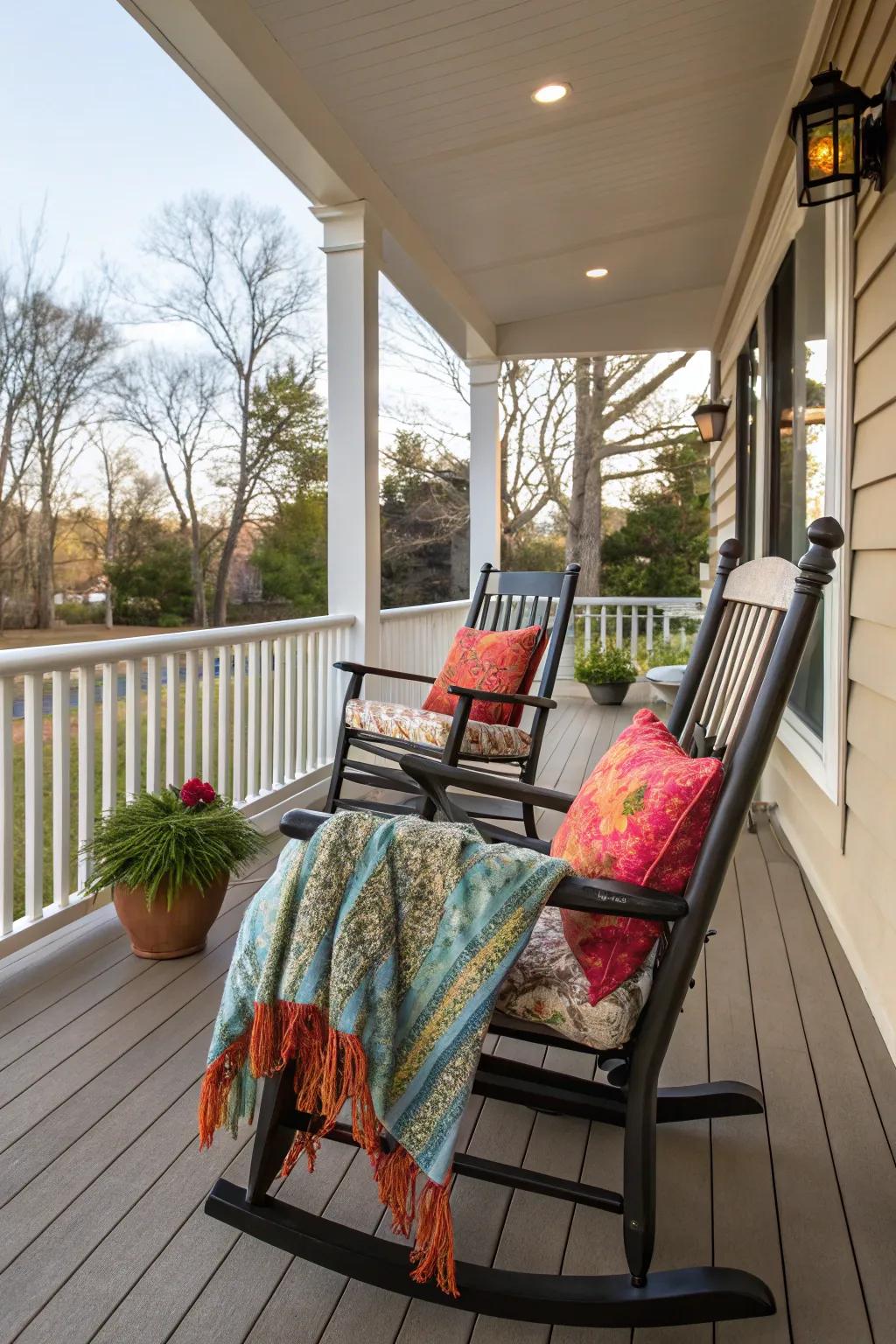 Fashion a snug seating zone with gliders and lively pillows.