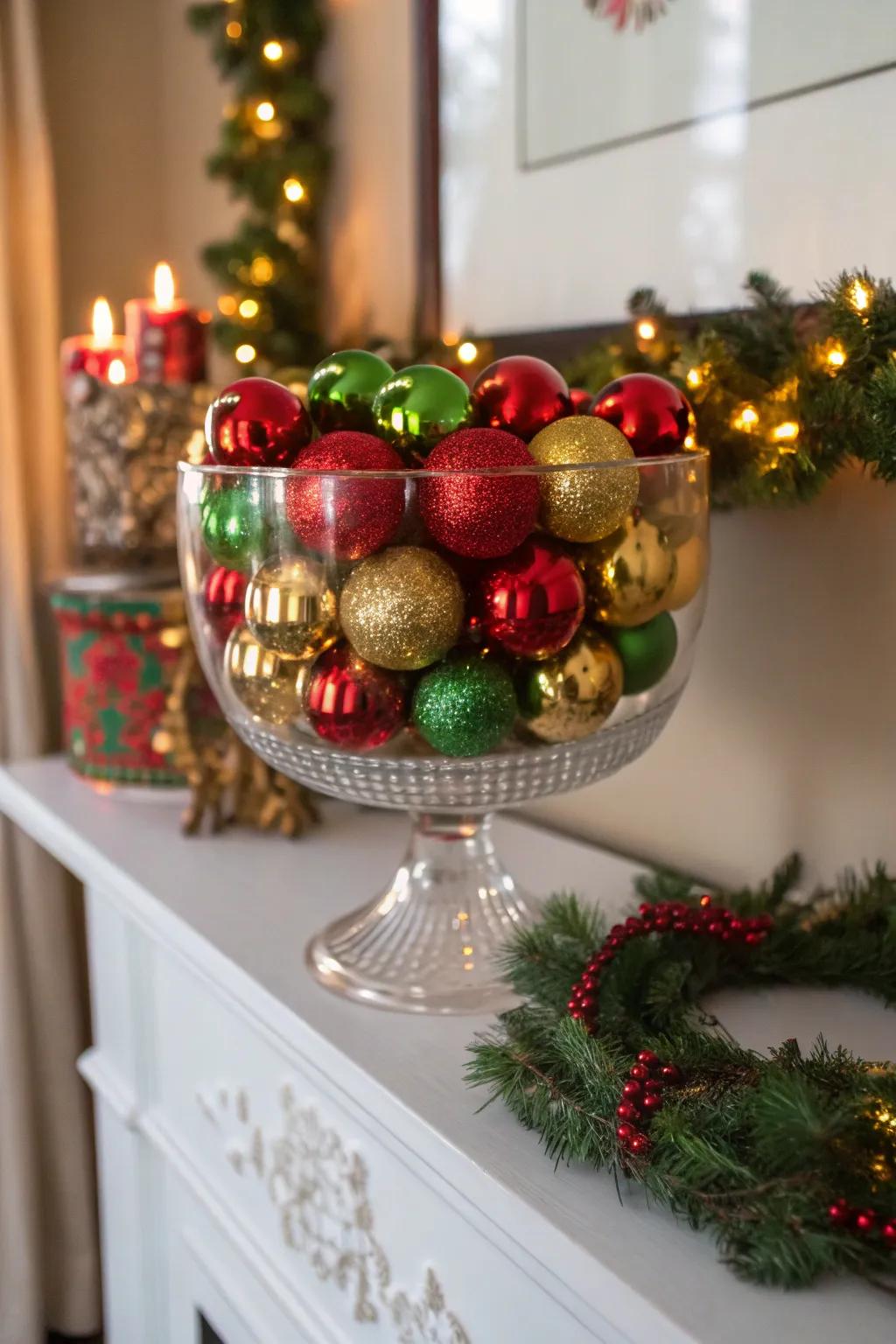 A trifle bowl brimming with Christmas cheer through vibrant ornaments.