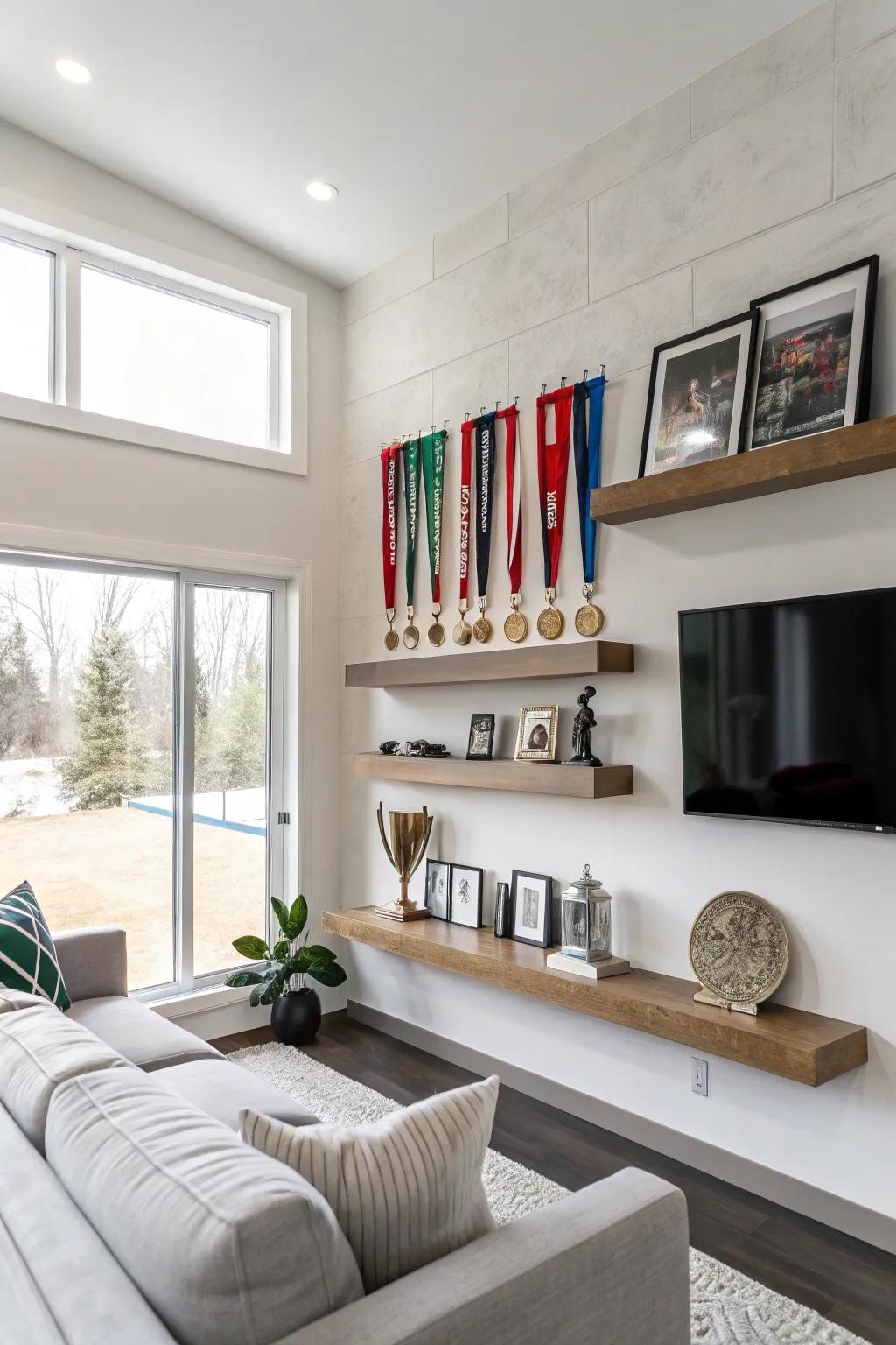 Modern floating shelves displaying trophies