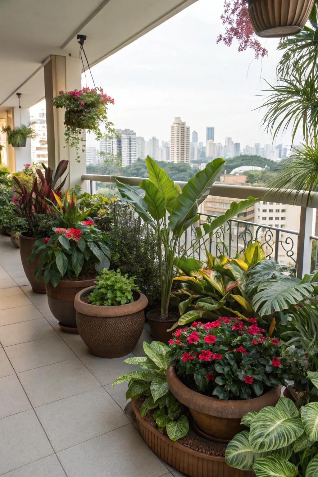 Evoke a jungle atmosphere by mixing various sizes of tropical plants.