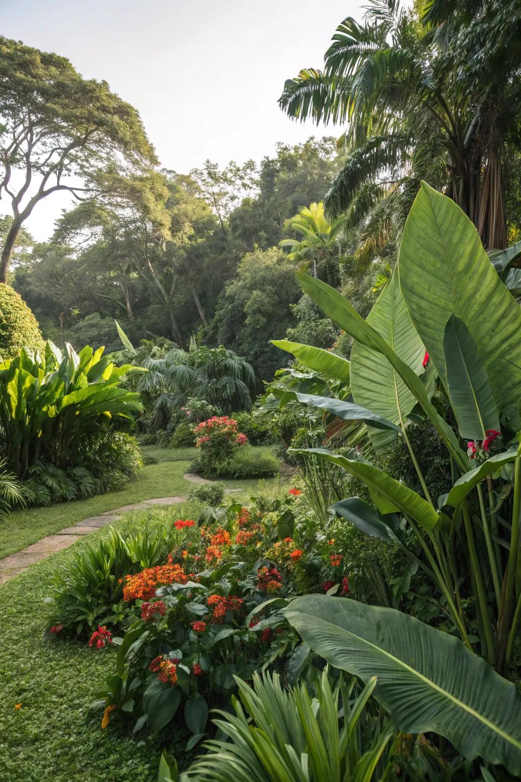 Thick, exotic vegetation crafting a jungle-esque mood in a home plot.