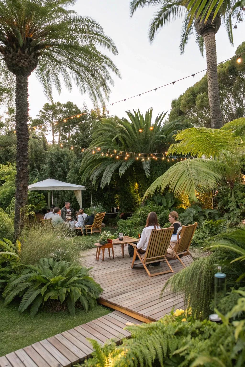 A verdant tropical garden arrangement ideal for hosting a party.