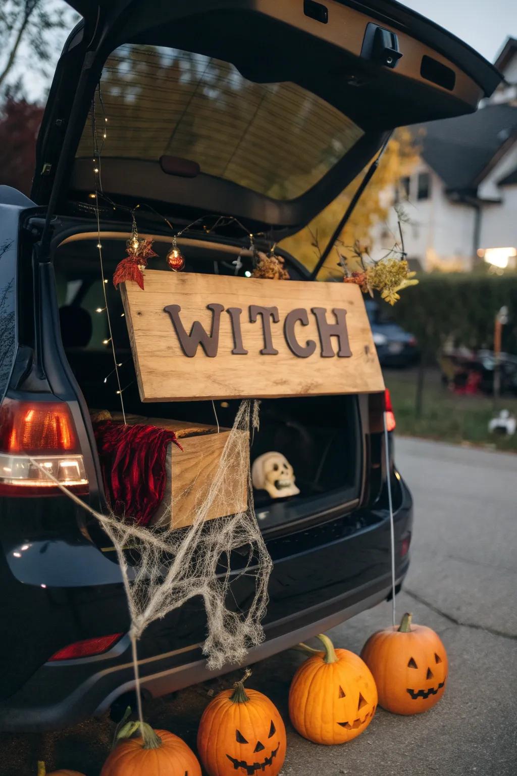 A bewitching welcome sign sets the magical mood for your trunk.