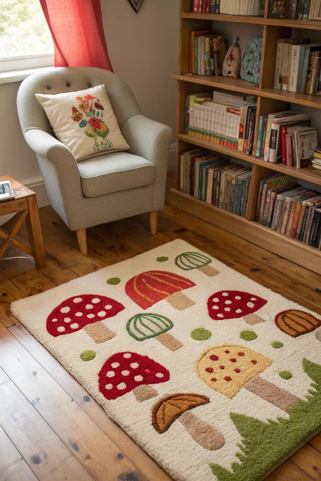 Enchanting fungi motifs introduce a lighthearted element to any area.