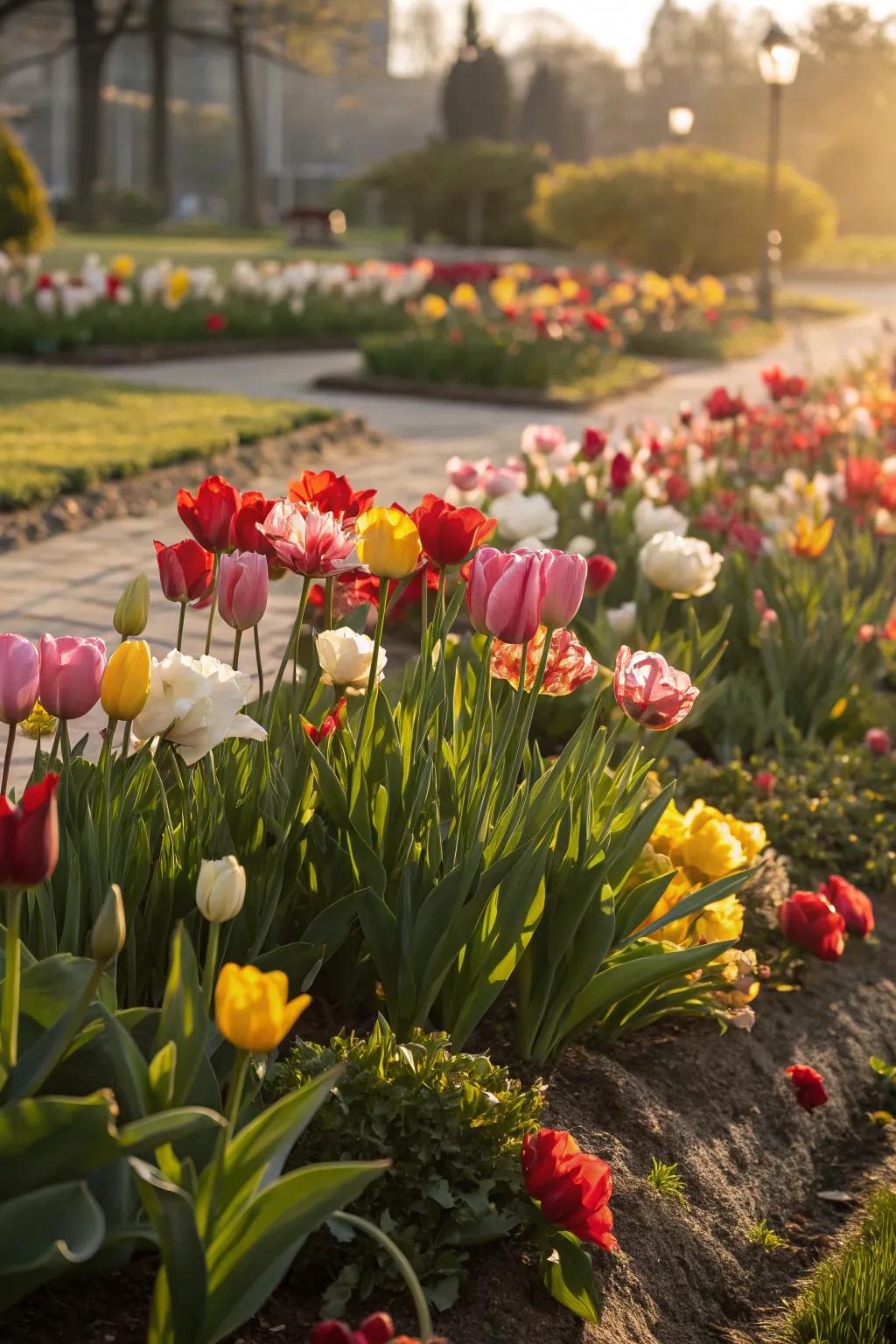A vibrant tulip display showcasing a variety of colors, adding charm and energy to the garden.