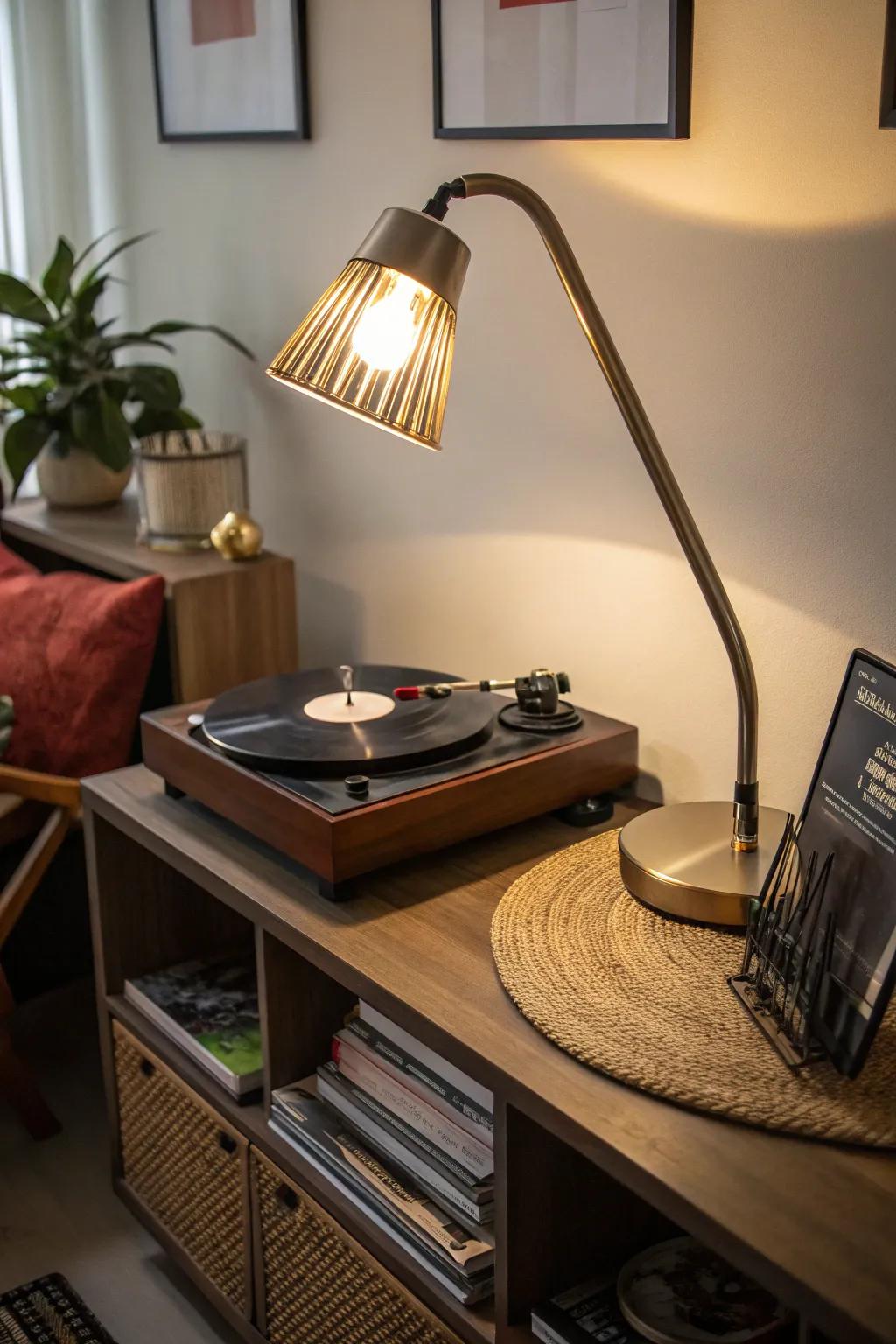 A flexible-arm lamp precisely illuminating a turntable.