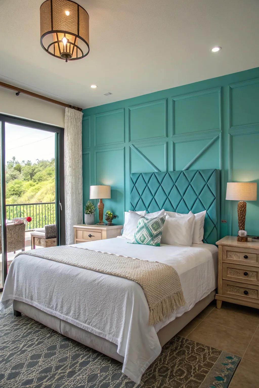 An impressive turquoise wall lends a lively feel to this restful sleeping space.
