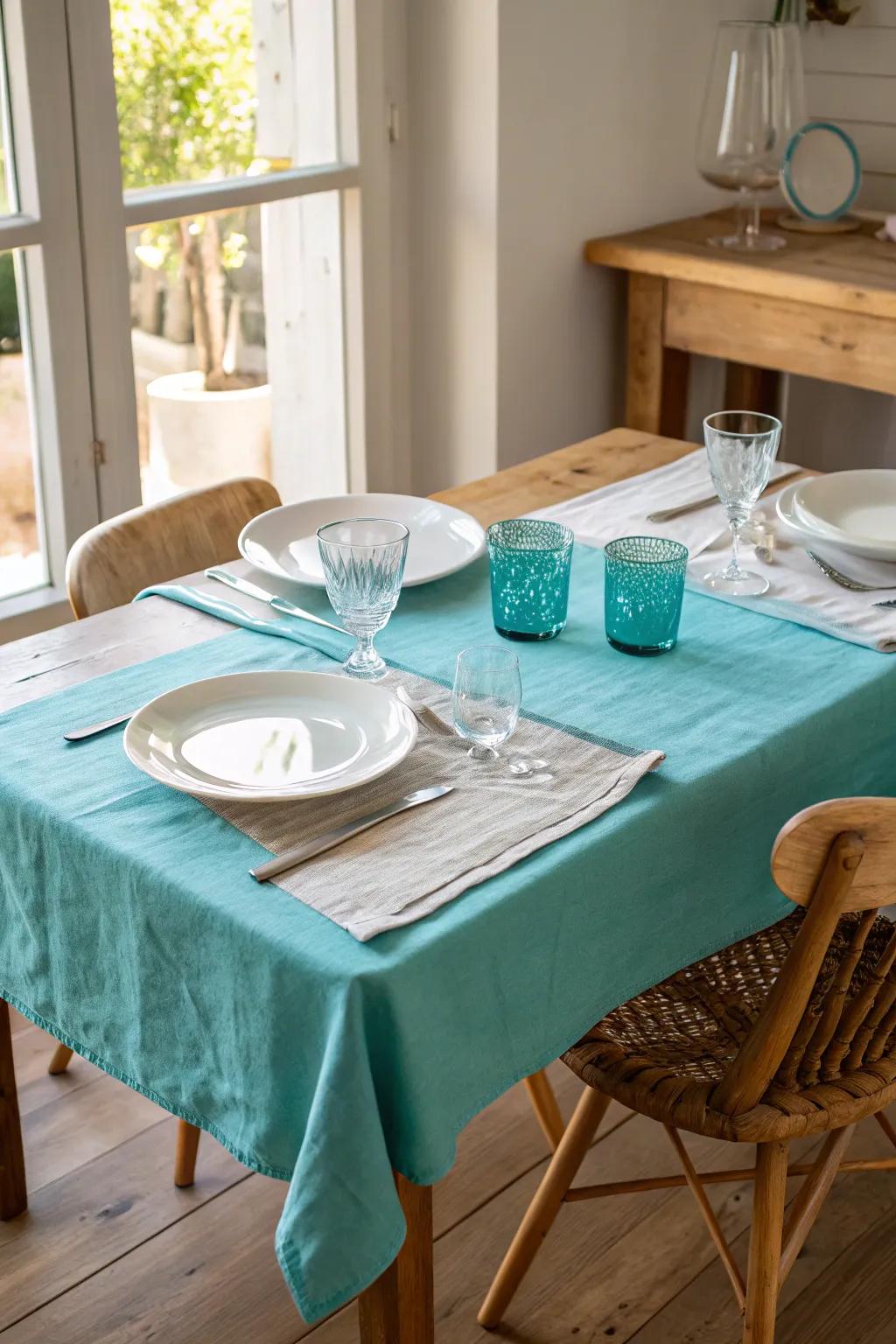 A cerulean tablecloth provides a bright foundation for your table decor.