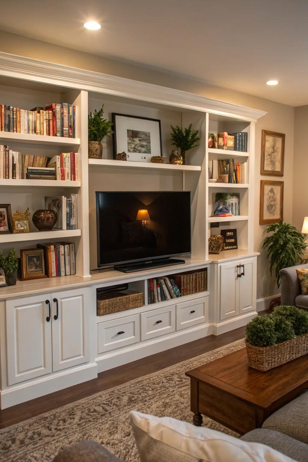 A welcoming living room showcasing a TV with integrated shelving.