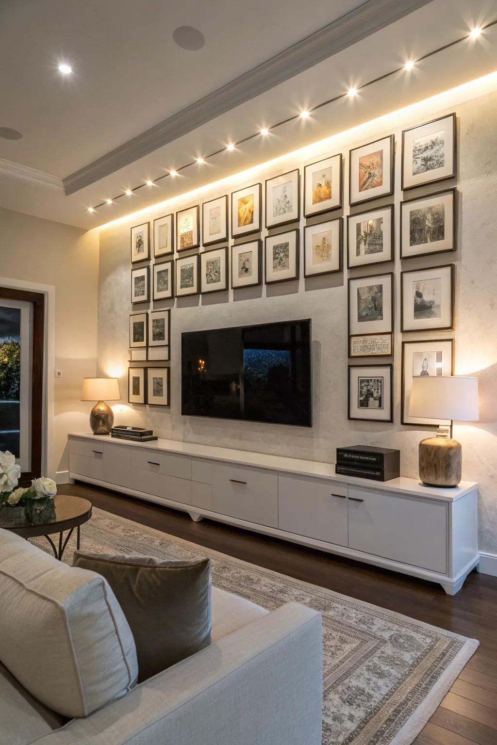 Well-balanced and symmetrical television gallery wall layout.